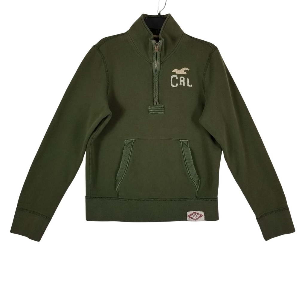 VTG Hollister Quarter Zip Sweatshirt Mens L Olive Green CAL Logo Fleece Pullover